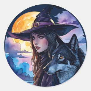 Heksen met een Wolf - Halloween Fan Fun 1 Ronde Sticker