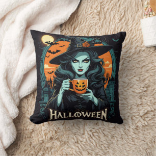 Heksen met pompoen mok op Halloween Kussen