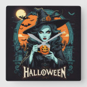 Heksen met pompoen mok op Halloween Vierkante Klok (Voorkant)