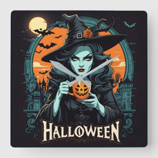 Heksen met pompoen mok op Halloween Vierkante Klok (Voorkant)