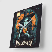 Heksen met pompoen mok op Halloween Vierkante Klok (Hoek)