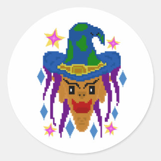 Heksen op bezemsteel met Halloween – Pixel Art Ronde Sticker