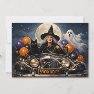 Heksen op Halloween in Vintage Auto met Kat en Gee Feestdagenkaart