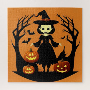 Heksen op Halloween met Pompoenen in een Griezelig Legpuzzel