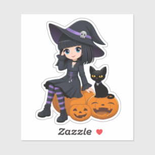 Heksen op Halloween, Zwarte Kat en Gebogen Pompoen Sticker