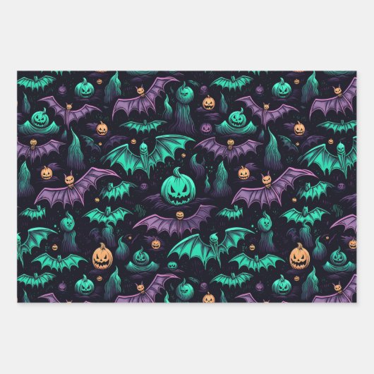 Heksen pompoen schedels vleermuizen eng Halloween Inpakpapier Vel (Voorkant 3)