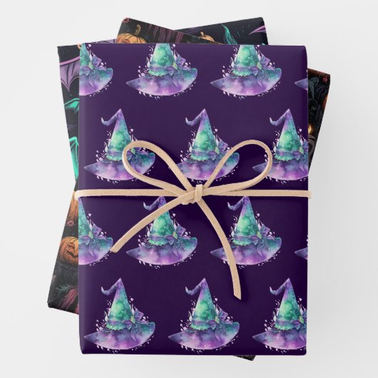 Heksen pompoen schedels vleermuizen eng Halloween Inpakpapier Vel (In situ)