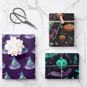 Heksen pompoen schedels vleermuizen eng Halloween Inpakpapier Vel