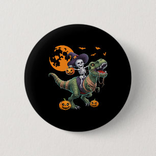 Heksen Skelet Rijdend op Dinosaurus T Rex Hallowee Ronde Button 5,7 Cm