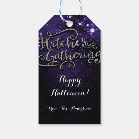 Heksen Verzamelen Paarse & Zwarte Damast Favor Cadeaulabel (Voorkant)