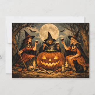 Heksen vieren Halloween in het bos Feestdagenkaart