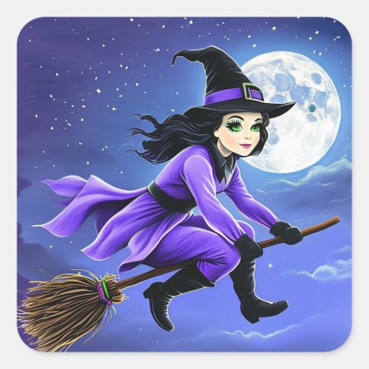 Heksen vliegen van een bezem - Wicca Halloween 1 Vierkante Sticker (Voorkant)