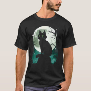 Heksen Zwarte Kat en Groene Volle Maan Halloween E T-shirt