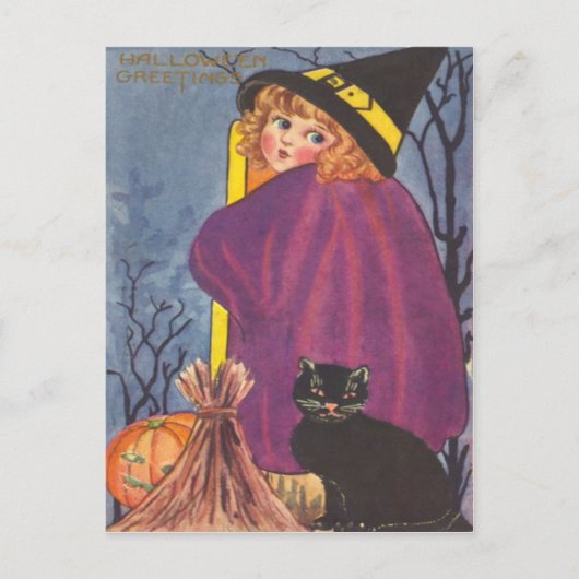 Heksenbezem Jack O Lantern Zwarte Kat Bomen Briefkaart (Voorkant)