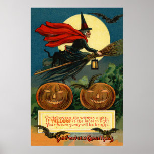 Heksenbezem Vliegende Jack O Lantern Zwarte Kat Vl Poster