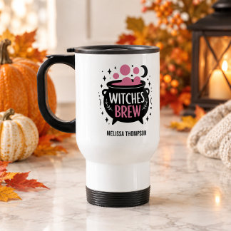 Heksenbrouwsel Cute Zwart en Roze Naam Halloween Reisbeker