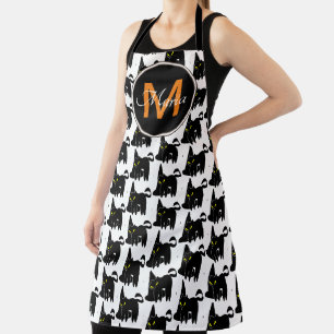 Heksenhoed en zwarte kat monogram voor Halloween Schort
