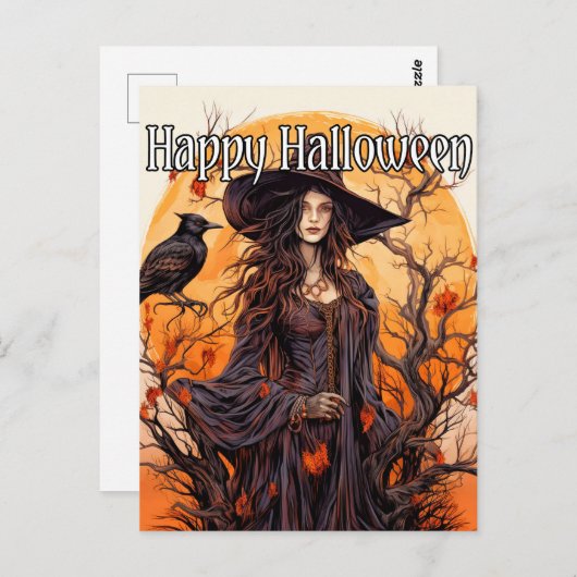 Heksenillustratie | Happy Halloween Briefkaart (Voorkant / Achterkant)