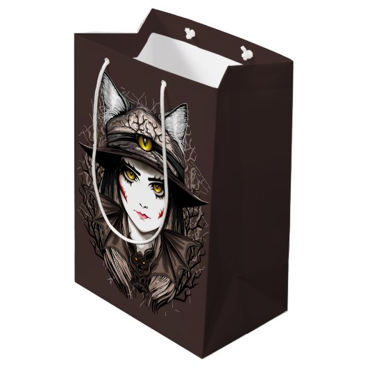 Heksenkat Halloween griezelig Schattige portret Medium Cadeauzakje (Achterkant Gekanteld)