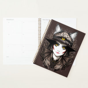 Heksenkat Halloween griezelig Schattige portret Planner