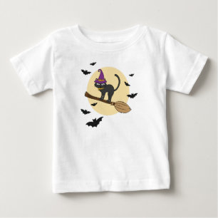 Heksenkat op Bezem Jeugd T-Shirt, Halloween Zwart