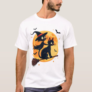 Heksenkat op een bezemsteel Halloween Nacht Vector T-shirt