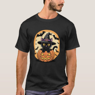 Heksenkat op Halloween in Pompoen. Grappige Zwarte T-shirt