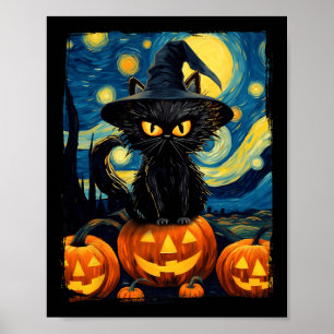 Heksenkat Sterrennacht Van Gogh Retro Halloween Ca Poster