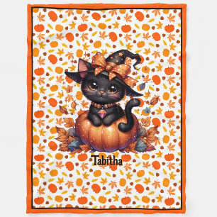 Heksenkat Voeg Baby's Naam Schattige Halloween Bor Fleece Deken