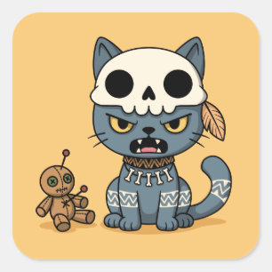 Heksenkat Voodoo-pop op geel Vierkante Sticker