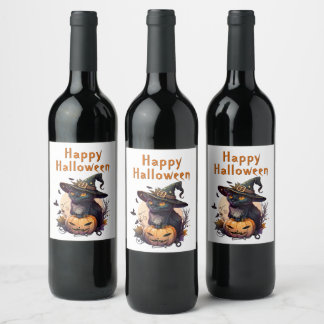 Heksenkat voor Happy Halloween Wijn Etiket