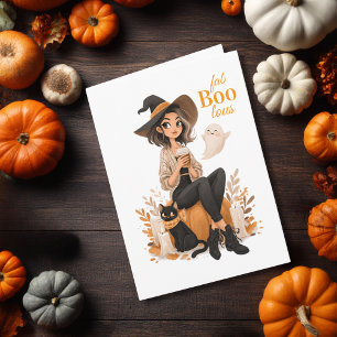Heksenmeisje koffiekat & pompoen knuffel Halloween Kaart