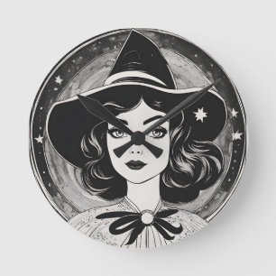 heksenportret zwart-wit retro ronde klok