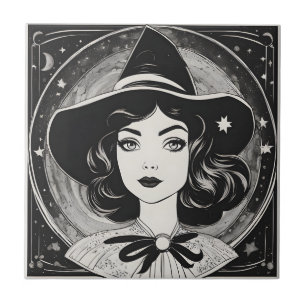 heksenportret zwart-wit retro tegeltje