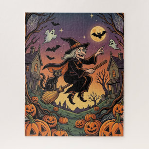 Heksenpuzzel Halloween - Heks op bezem zwarte kat Legpuzzel