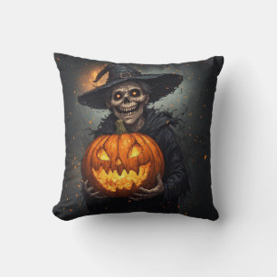Heksenskelet Met Gloeiende Pompoen Halloween 🎃 Kussen