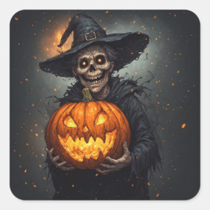 Heksenskelet Met Gloeiende Pompoen Halloween 🎃 Vierkante Sticker