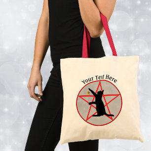 Heksenthema Zwarte kat op rood pentagram in cirkel Tote Bag