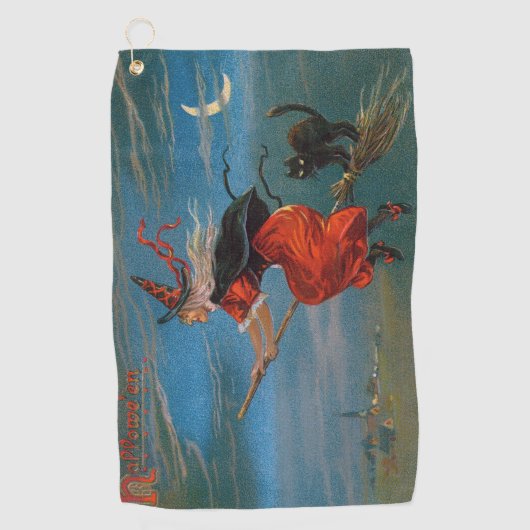 Heksenvliegen met zwarte kat op Halloween Night Golfhanddoek (Voorkant)