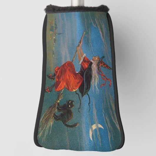Heksenvliegen met zwarte kat op Halloween Night Golfheadcover (Draai 90)