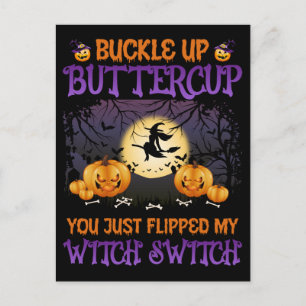 Heksenwitch van Halloween sluit Buckle Up Buttercu Feestdagenkaart