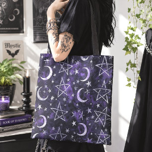 Hekserige Maan & Pentagram Paarse Gotisch Draagtas