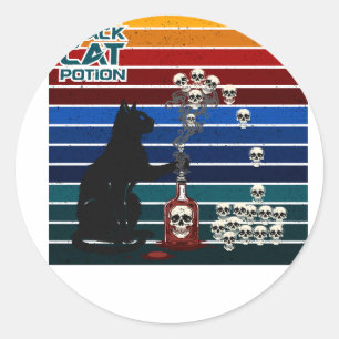 Hekserige Zwarte Kat Toverdrank Retro Schedel Kuns Ronde Sticker