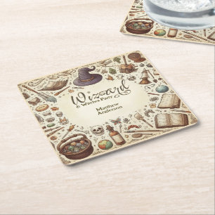 Hekserij-feestje tovenaars hoeden toverstokken vin vierkante kartonnen onderzetter