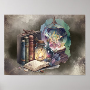 hekserij Pastel Spellbook Tomes en Crystal Ball Poster