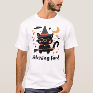 Hekserij Pret Zwart Kat met Bezem Schattige Hallo T-shirt