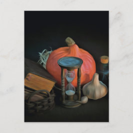 Hekserijobjecten op een tafel in een donkere kamer briefkaart