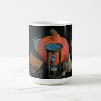 Hekserijobjecten op een tafel in een donkere kamer koffiemok