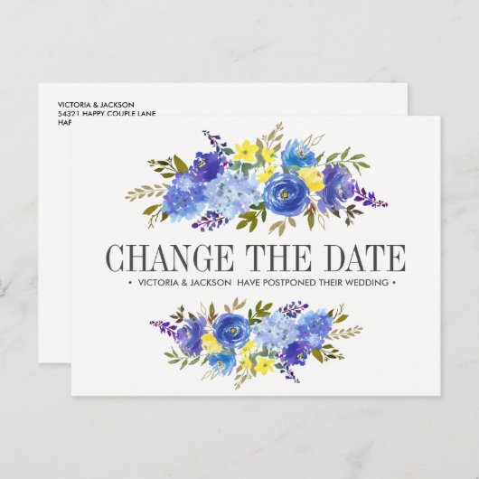 Helder Blauw Geel Bloemen BRUILOFT WIJZIG DE DATUM Aankondigingskaart (Voorkant / Achterkant)