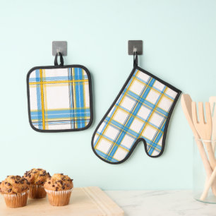 Helder blauw-gele ruiten aesthetic ovenwant & pannenlap set